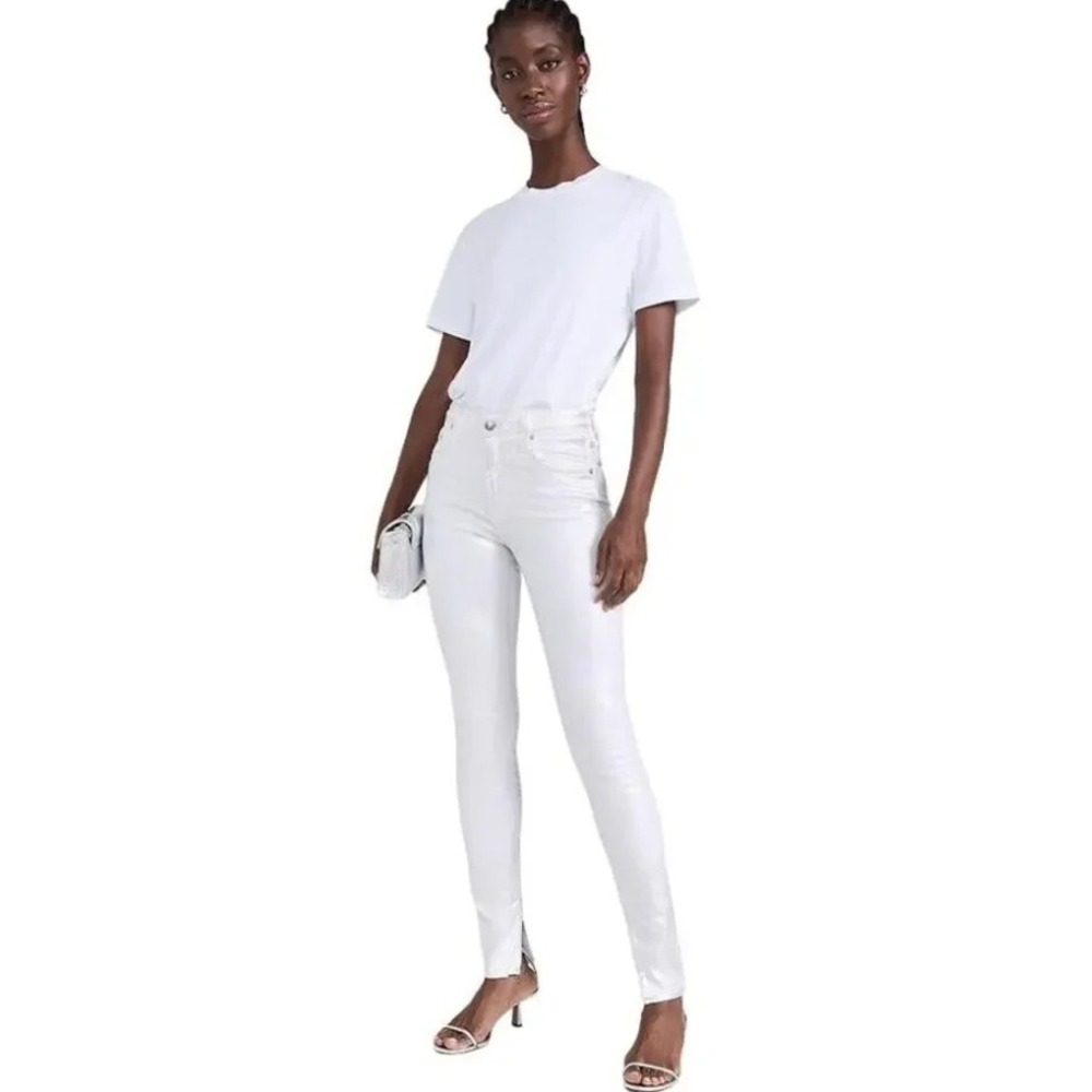 Simkhai Rae High Rise Skinny Jeans Size 24 Silver Foil Ankle NEW Metallic Disco